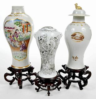 Three Chinese Baluster Form Vases with Stands