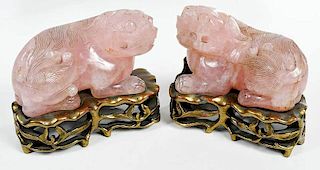 Pair Rose Quartz Carved Bixies with Stands