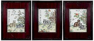 Three Framed Chinese Porcelain Plaques with Cats