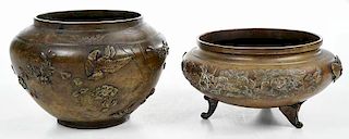 Two Asian Bronze Relief Decorated Cachepots