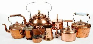 Eight Pieces Copper, Kettles and Mugs