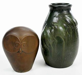 Art Pottery Vase and Bronze Owl