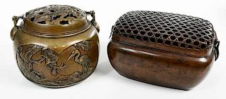 Two Asian Decorated Swing Handled Braziers