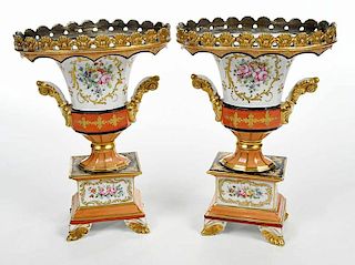 Pair Hand Painted Porcelain Urns