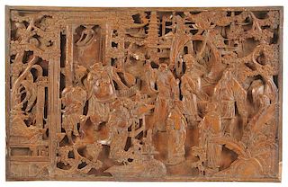 Asian Carved Wood Plaque of Court Scene