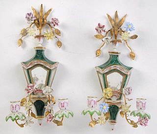 Pair Italian Mirrored Two Arm Porcelain Sconces