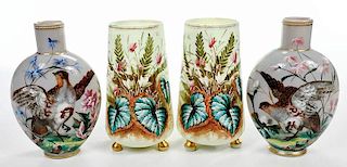 Two Pairs Hand Painted French Opaline Vases