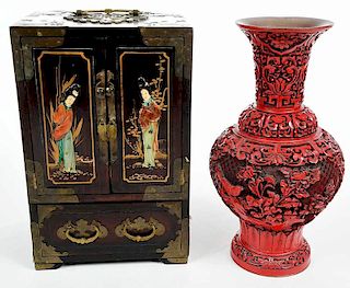 Asian Cinnabar Vase and Figural Jewelry Chest