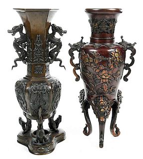 Two Asian Bronze Relief Decorated  Footed Vases