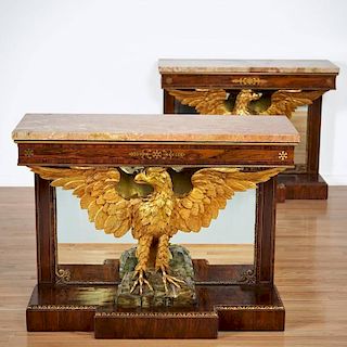 Pair Regency style rosewood gilt eagle consoles
