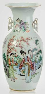 Large Porcelain Vase, Enameled Garden Scene