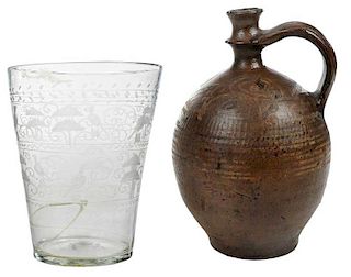 Early Slipware Jug and Etched Flip Glass