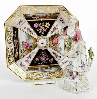 Continental Porcelain Tray and Figurine, Meissen