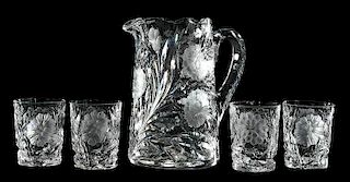 Cut Glass Hawkes Pitcher, Four Tumblers