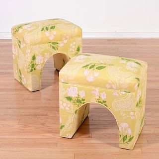 Pair silk upholstered decorator stools