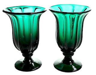 Pair Hand Blown Emerald Green Footed Vases