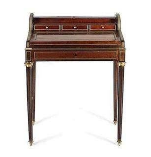A French Empire Style Brass Brass Banded Mahogany Ladies Writing Desk, Height 34 x width 25 1/2 x depth 16 inches.