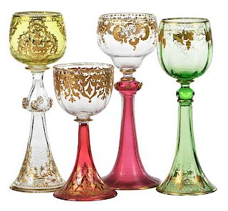 Four Moser Attributed  Enamel Decorated  Stems