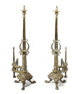 A Monumental Pair of Directoire Style Brass Andirons, Height 36 inches.