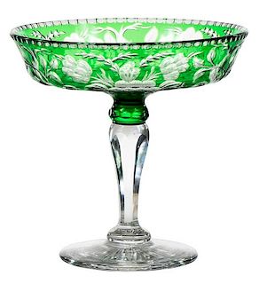 Stevens and Williams Green Cut To Clear Compote