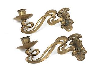 A Pair of Brass Art Nouveau Single Light Swing Arm Wall Sconces. Height 5 x width 2 7/8 x depth 7 1/2 inches.