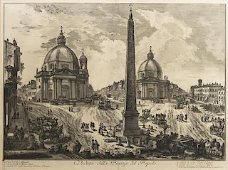 After Giovanni Battista Piranesi, (Italian, 1720-1778), Four lithographs comprising Veduta della Piazza del Popolo, Veduta di Pi