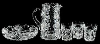 Cut Glass Hawkes Pitcher, Four Tumblers, Bowl