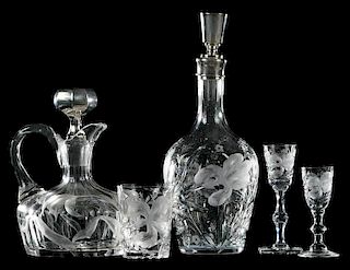 Cut Glass Ships Decanter, Hawkes Decanter, Stems