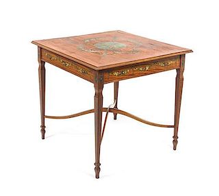 An Edwardian Adam Style Painted Satinwood Center Table, Height 28 x width 29 1/2 x depth 29 1/2 inches.