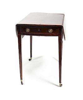 A George III Style Mahogany and Satinwood Pembroke Table, Height 27 3/4 x width 18 7/8 x depth (closed) 29 3/4 inches.
