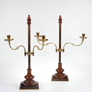 Pair Georgian style mahogany, brass pole candelabra
