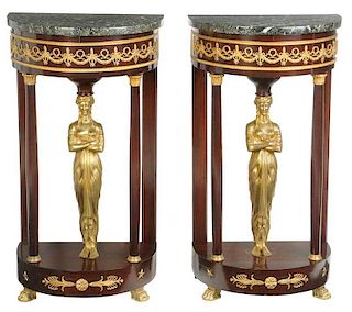 Pair Empire Style Marble-Top Console Tables