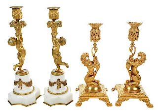 Two Pairs of Gilt Bronze Figural Candlesticks