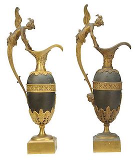 Pair Directoire Ormolu, Patinated Bronze Ewers