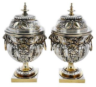 Pair of Leopold Oudry Silver-Plate Covered Urns