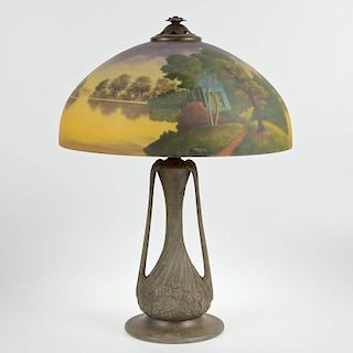 Jefferson reverse painted glass scenic shade lamp