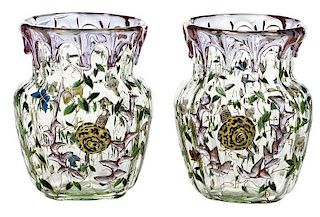 Pair Moser Style Enamel and Gilt Decorated Vases