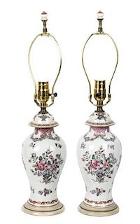 A Pair of Chinese Export Style Porcelain Lamps, Height 22 inches.