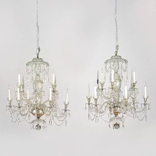 Pair antique Anglo-Irish crystal chandeliers