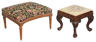 Two Carved Mahogany Upholstered Ottomans