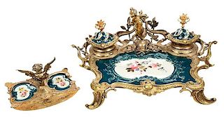Louis XVI Style Gilt Bronze, Porcelain Desk Set