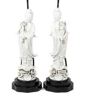 A Pair of Chinese Blanc de Chine Porcelain Sculptures of Quan Yin, Height 20 1/2 inches.