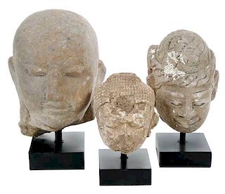 Three Early Stone Buddha Head Fragments, Stands