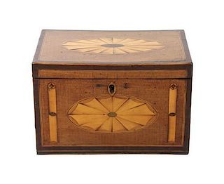 A George III Mahogany and Fruitwood Inlaid Tea Caddy, Height 5 x width 7 1/2 x depth 4 1/2 inches.