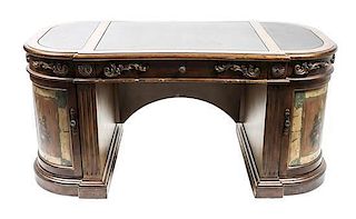 A George III Style Mahogany and Fruitwood Painted Pedestal Desk, Height 30 1/2 x width 64 x depth 31 1/2 inches.