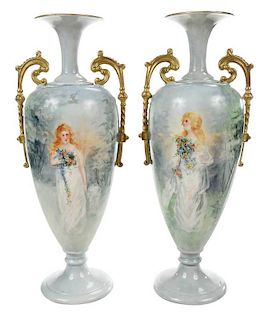 Pair Lenox Belleek Hand Painted Urns