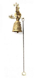 A Brass Wall Mounted Bell, 19th Century, Height 15 x 7 1/2 inches.