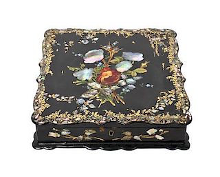 A Victorian Black Lacquer and Mother of Pearl Inlaid Jewelry Box, Height 2 1/4 x width 9 1/2 x depth 9 1/2