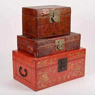 (3) Chinese red lacquered and gilt pigskin boxes
