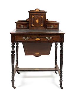 A Victorian Fan Marquetry Inlaid Rosewood Ladys Work Desk, Height 41 1/4 x width 27 x depth 19 inches.